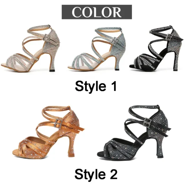Zapatos de baile latino con diamantes de imitación para mujer, zapatos de baile latino para niña, zapatos de baile de salón negros brillantes para niñas y mujeres - Imagen 2