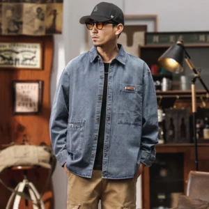 Chaqueta vaquera Cargo Vintage americana para hombre, ropa de calle de Color sólido, ropa de trabajo pesada con múltiples bolsillos, abrigo, ropa masculina