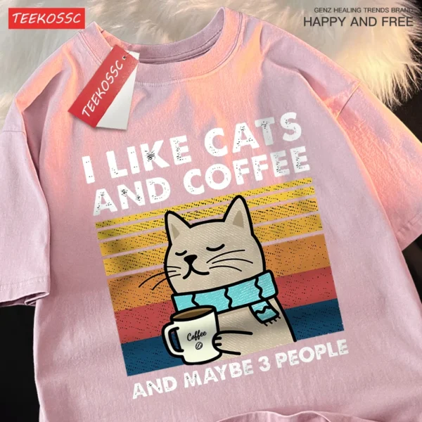 Camiseta I Like Cats And Coffee para hombre y mujer, Camiseta de algodón, ropa holgada de Hip Hop, camiseta de cuello redondo a la moda, ropa de calle para parejas - Imagen 3