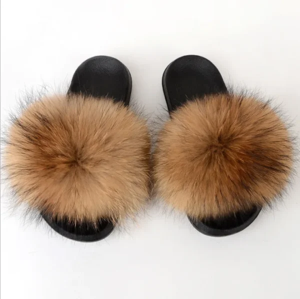 Zapatillas deslizantes de piel de mapache para mujer, zapatillas planas con punta abierta, de felpa para interiores, para el hogar, dormitorio, peludas, informales, cómodas para exteriores - Imagen 5