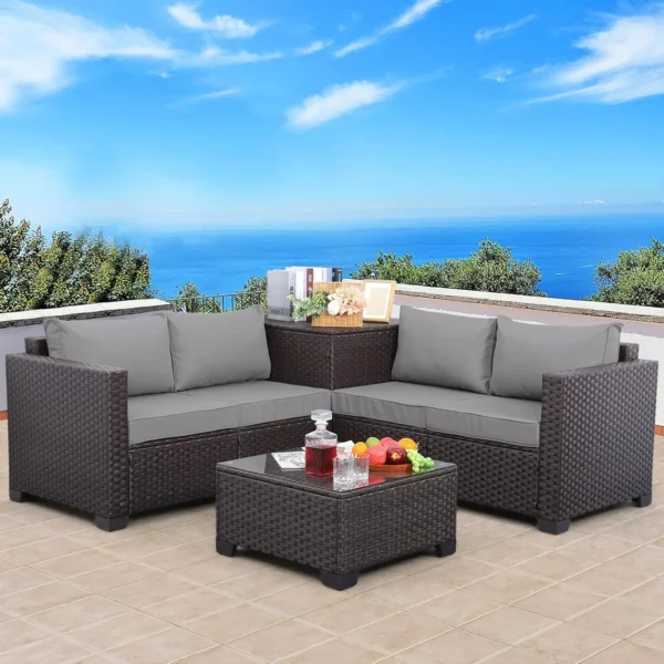 Juego de muebles de Patio de mimbre PE para exteriores, sofá seccional de ratán negro de 4 piezas, sofá de dos plazas, conjunto de conversación con caja de almacenamiento - Imagen 9