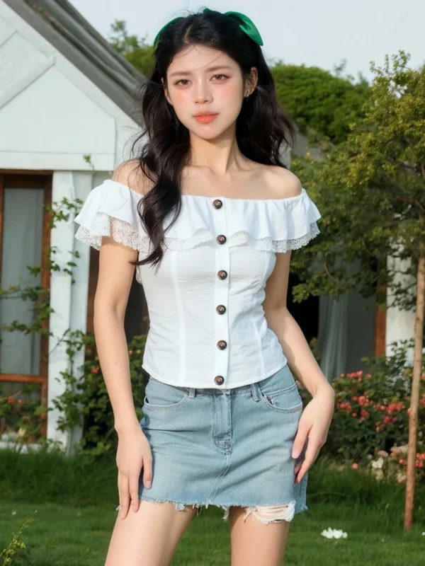 Camiseta con volantes y hombros descubiertos para mujer, Top informal de retazos de encaje para mujer y niña, camisetas blancas, Tops de verano, ropa para mujer - Imagen 2