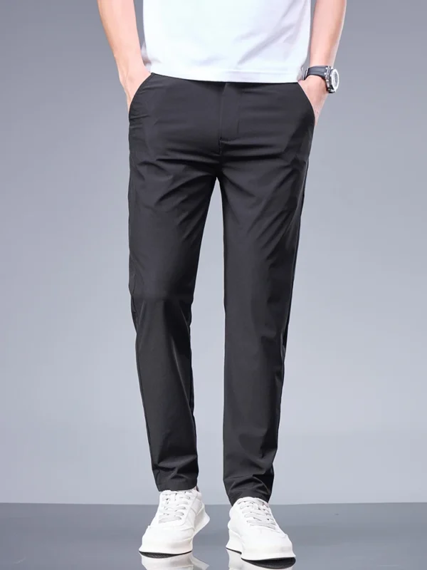 Pantalones de seda de hielo de negocios, pantalones rectos con cintura elástica, pantalones negros y grises, ropa sencilla transpirable para hombre, pantalones de traje informales - Imagen 6