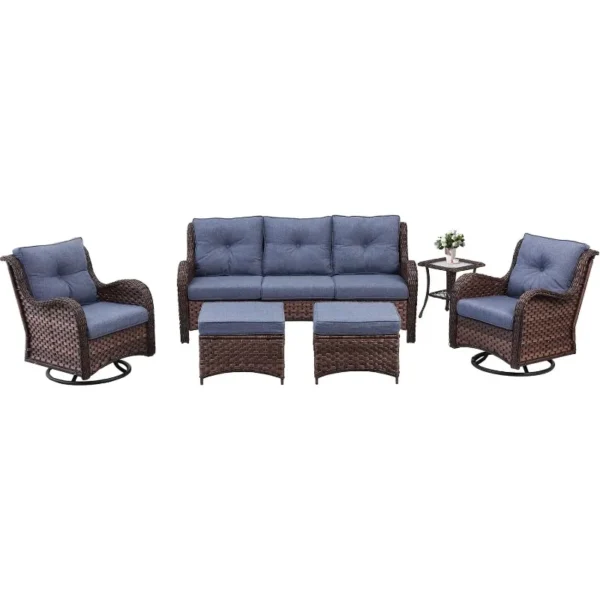 Juego de muebles para Patio exterior de 6 piezas, juegos de sillas basculantes giratorias seccionales de mimbre, sillas planeadoras giratorias y mesa de centro