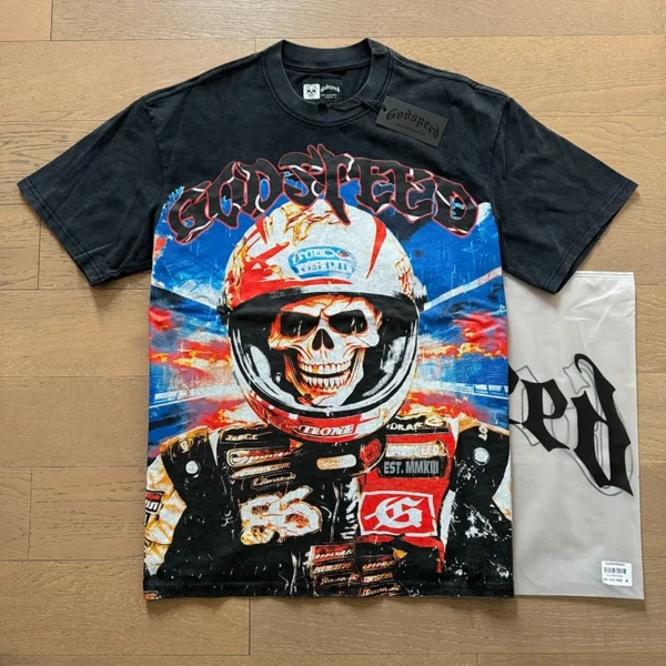 Camiseta hombres mujeres High Street Fire impreso cuello redondo manga corta pareja suelta Casual Top camiseta Foto Real Godspeed - Imagen 11