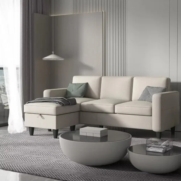 Juego de muebles de sofá de 3 asientos de tela de lino moderno seccional convertible en forma de L con otomana de almacenamiento