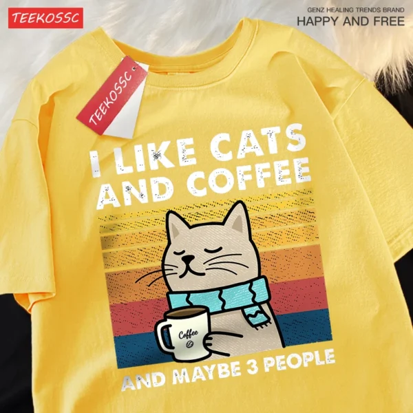 Camiseta I Like Cats And Coffee para hombre y mujer, Camiseta de algodón, ropa holgada de Hip Hop, camiseta de cuello redondo a la moda, ropa de calle para parejas - Imagen 10