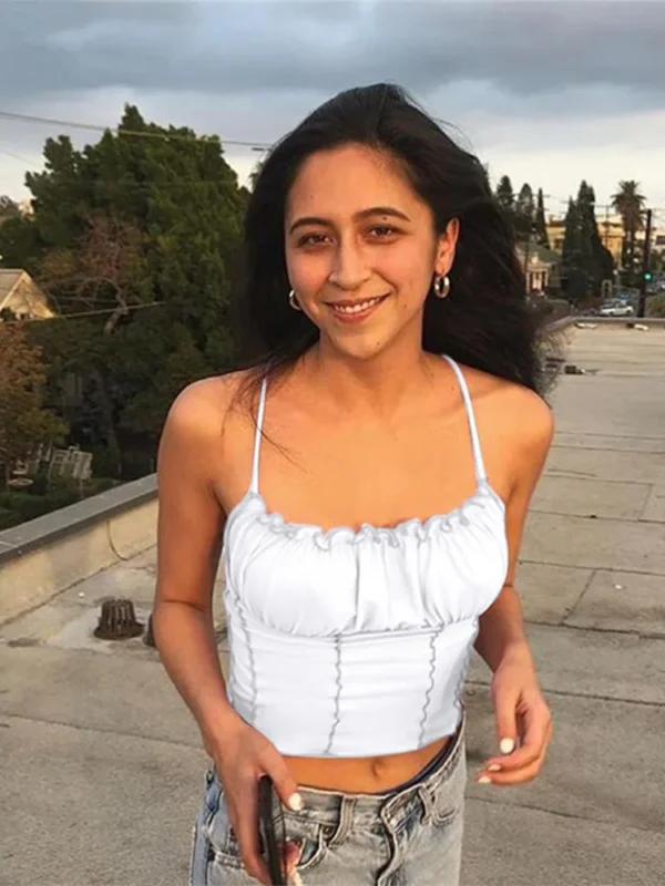 Camiseta sin mangas con volantes para mujer, Top Sexy de moda para mujer, camisola de fruncido sin tirantes sin mangas, camisetas sin mangas para mujer 2022 - Imagen 5
