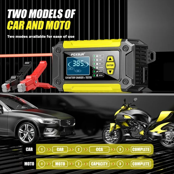 Cargador y probador de batería de coche 2 en 1, 12V, 6A, pantalla LCD de 1,9 ", mantenimiento de batería inteligente de plomo y ácido AGM LiFePO4 para motocicleta y camión - Imagen 3