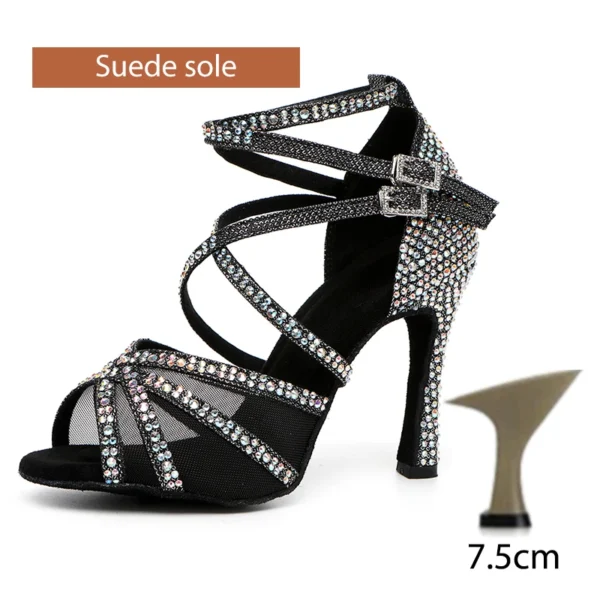 Zapatos de baile latino con diamantes de imitación para mujer, zapatos de baile latino para niña, zapatos de baile de salón negros brillantes para niñas y mujeres - Imagen 9