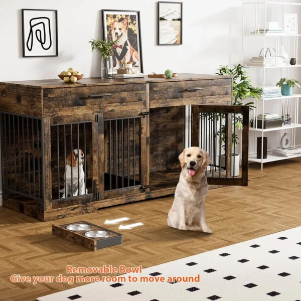 Muebles tipo jaula para perros de 72 pulgadas para 2 perros, muebles tipo perrera grande con 2 cajones de almacenamiento y 4 tazones, jaula para perros de madera con extraíble - Imagen 4