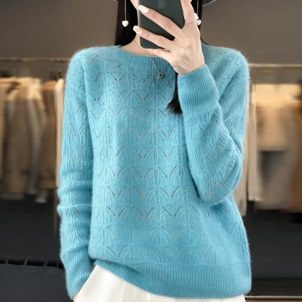 Suéter de punto nuevo para mujer, Top calado, 100% de lana merina, jersey con cuello redondo, suéter de Cachemira, primavera y otoño - Imagen 6
