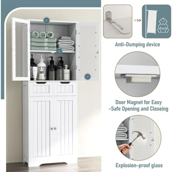 Gabinete de almacenamiento para baño de 67" de alto, gabinete de lino independiente con puertas y estantes de vidrio, gabinete grande para despensa de baño - Imagen 3