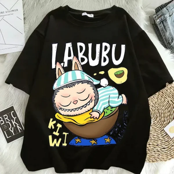 Camisetas Pop Mart Labubu para mujer, moda de Anime, Top de manga corta, camiseta blanca y negra de Hip Hop de verano, ropa de alta calidad - Imagen 5