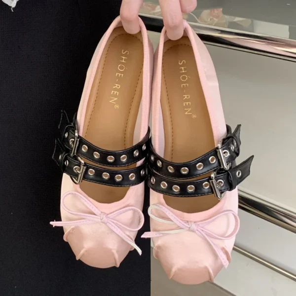 Zapatos de baile Lolita para mujer, bailarinas, calzado de diseñador, hebilla con nudo de mariposa, zapatos de punta redonda de seda a la moda para mujer - Imagen 7