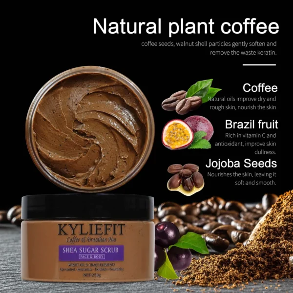 KYLIEFIT exfoliante de café y nueces brasileñas, exfoliante de azúcar de karité, aclara, rejuvenece, exfolia, nutre, limpia la piel, uso facial y corporal - Imagen 2