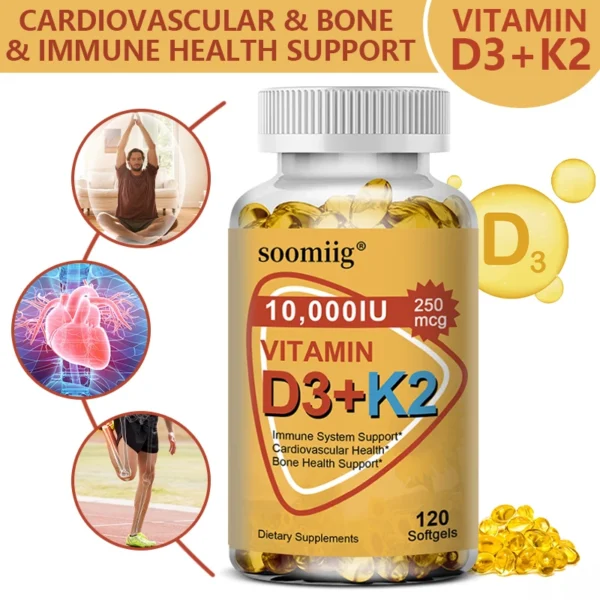 Suplemento de vitamina D3 y K2 10000 IU Salud inmune, cabello, piel y uñas Salud de articulaciones, huesos, cardiovascular y inmune.