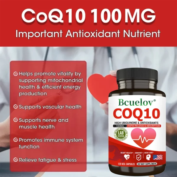 Cápsulas de coenzima Q-10 - Antioxidante natural, cápsulas de CoQ10 de 100 mg - Salud cardiovascular, Salud inmunológica, Cuidado de la piel - Imagen 4