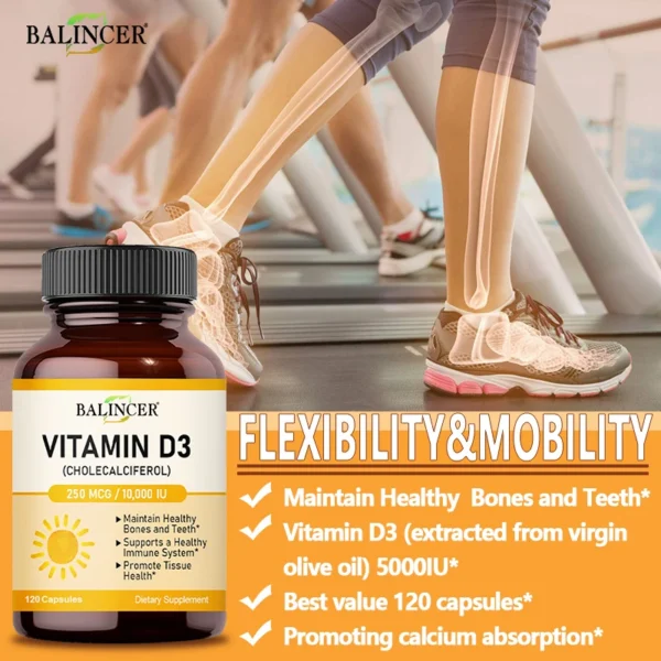 Cápsulas de vitamina D3 10.000 IU para apoyar huesos, dientes, músculos, tejidos y salud inmunológica, sin OGM - Imagen 3