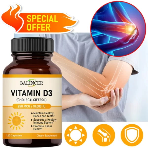 Cápsulas de vitamina D3 10.000 IU para apoyar huesos, dientes, músculos, tejidos y salud inmunológica, sin OGM