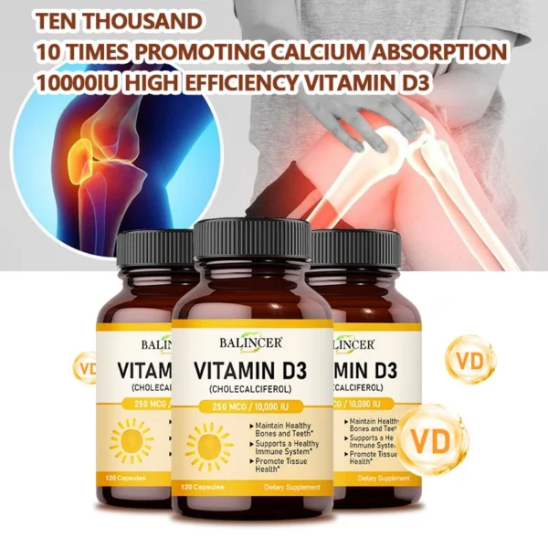 Cápsulas de vitamina D3 10.000 IU para apoyar huesos, dientes, músculos, tejidos y salud inmunológica, sin OGM - Imagen 2