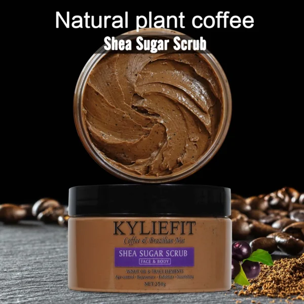 KYLIEFIT exfoliante de café y nueces brasileñas, exfoliante de azúcar de karité, aclara, rejuvenece, exfolia, nutre, limpia la piel, uso facial y corporal - Imagen 11