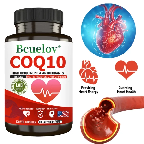 Cápsulas de coenzima Q-10 - Antioxidante natural, cápsulas de CoQ10 de 100 mg - Salud cardiovascular, Salud inmunológica, Cuidado de la piel