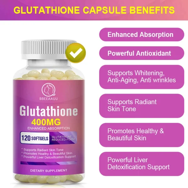 BBEEAAUU-cápsulas de glutatión, soporte para blanqueamiento de la piel, mejora la luminosidad, antiarrugas y Antienvejecimiento, desintoxicación, salud del ver - Imagen 5