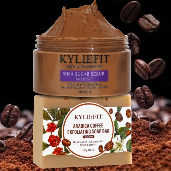 KYLIEFIT exfoliante de café y nueces brasileñas, exfoliante de azúcar de karité, aclara, rejuvenece, exfolia, nutre, limpia la piel, uso facial y corporal
