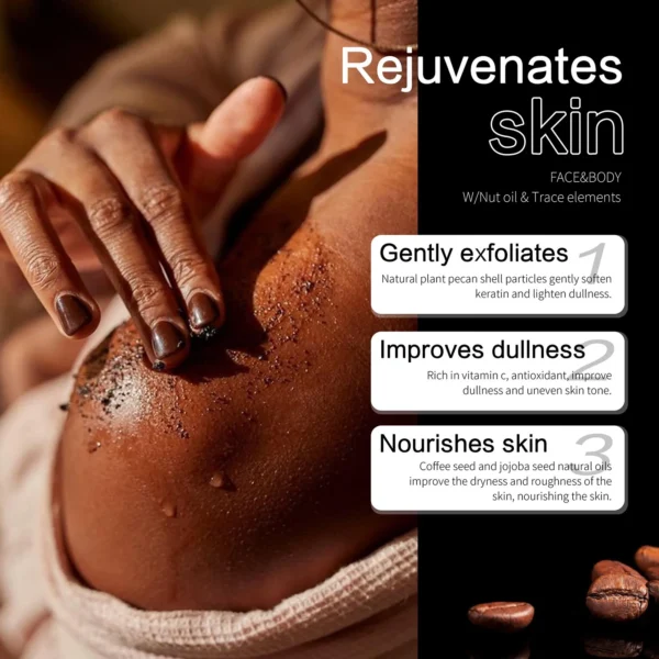 KYLIEFIT exfoliante de café y nueces brasileñas, exfoliante de azúcar de karité, aclara, rejuvenece, exfolia, nutre, limpia la piel, uso facial y corporal - Imagen 3