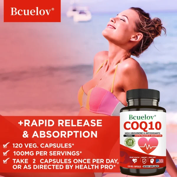 Cápsulas de coenzima Q-10 - Antioxidante natural, cápsulas de CoQ10 de 100 mg - Salud cardiovascular, Salud inmunológica, Cuidado de la piel - Imagen 3