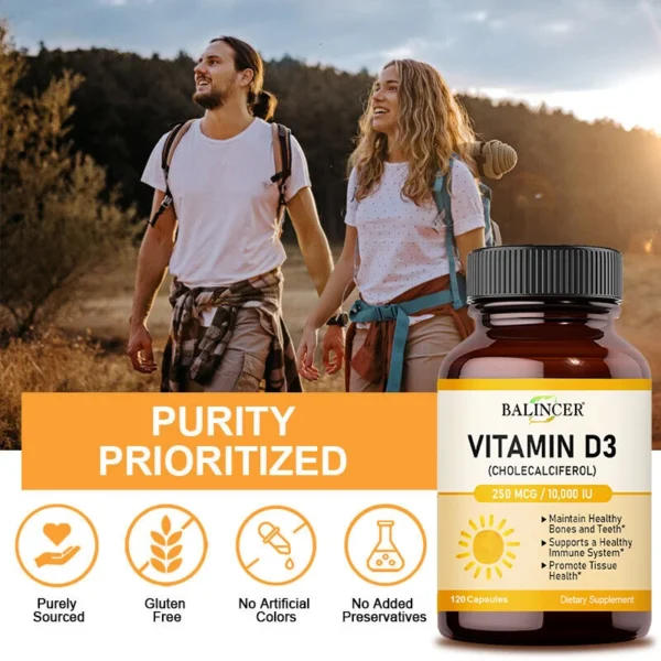 Cápsulas de vitamina D3 10.000 IU para apoyar huesos, dientes, músculos, tejidos y salud inmunológica, sin OGM - Imagen 5