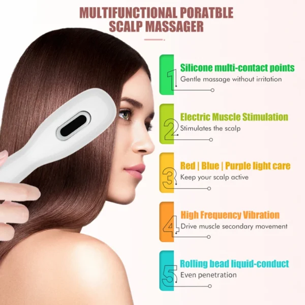 Peine eléctrico para masaje del cuero cabelludo, terapia de luz LED roja y azul, cepillo de masaje con vibración EMS, medicina antipérdida de cabello, aplicador de aceite para el cuero cabelludo - Imagen 2